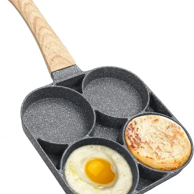 4 Hole Omelet Pan for Burger Egg Ham Pancake Maker Wooden Handle Frying Pan